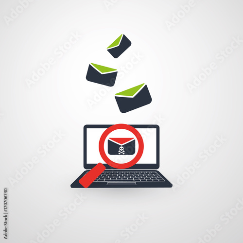 Security Audit, Virus Scanning, Cleaning, Eliminating Malware, Ransomware, Fraud, Spam, Phishing, Email Scam, Hacker Attack - IT Security Concept Design, Vector illustration