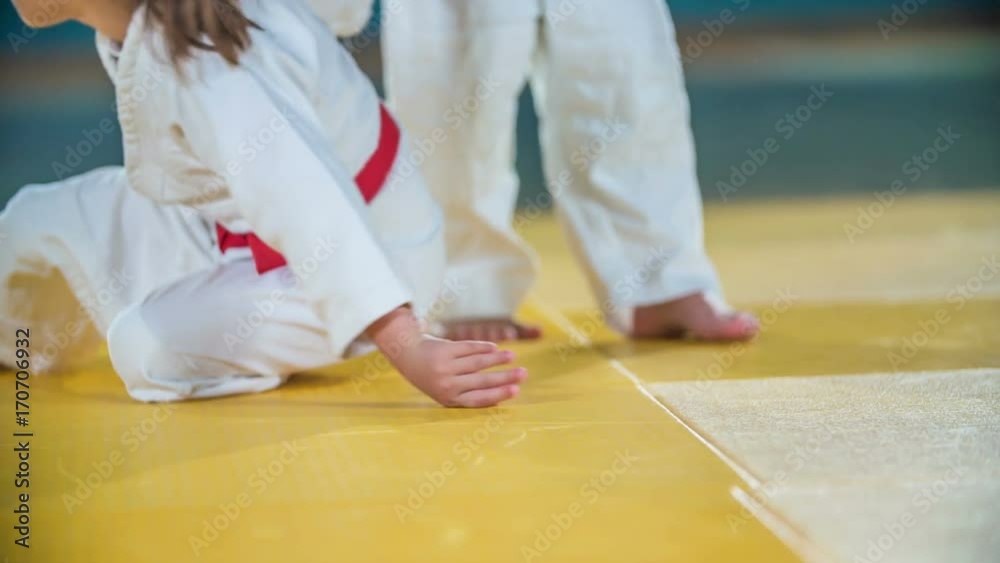 One girl is helpig the other girl getting back up on her feet. They were practising judo. They are wearing white uniforms and red belts. One girl is helpig the other girl getting back up on her feet. They were practising judo. They are wearing white uniforms and red belts.
