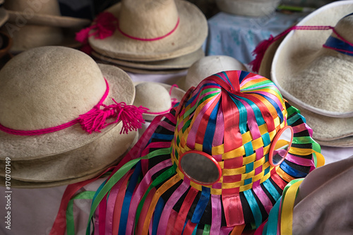 April 21, 2017 Iluman, Ecuador: closeup of traditional kichwa felt hats in a small artisan shop photo