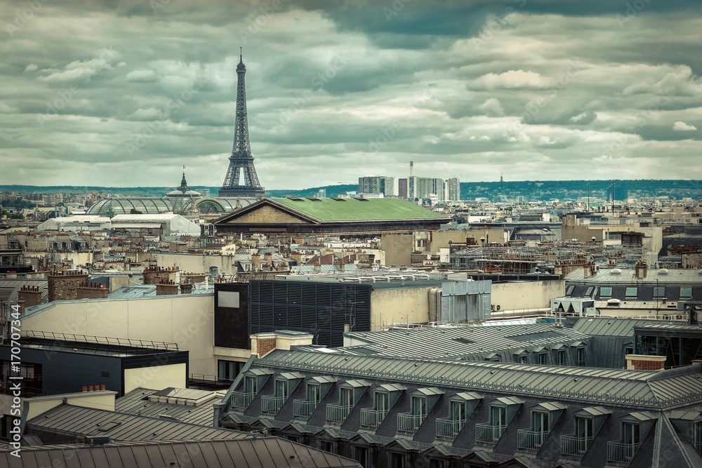 French roofs. Beautiful roofs view in Paris City downtown with s