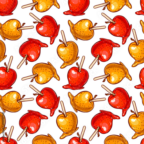 Pretty colorful seamless pattern made of hand drawn toffee apples.