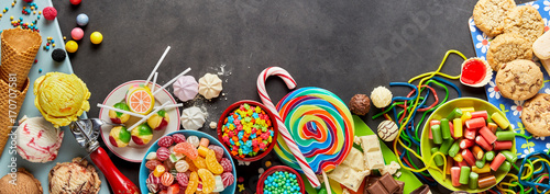 Assorted colourful confectionery with copy space