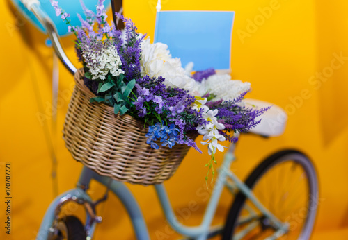 decor Bicycle with a basket of beautiful flowers on a yellow background