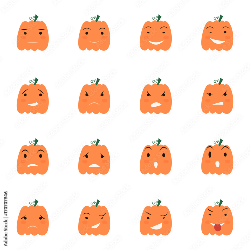 Halloween pumpkin icons set, Emotion Variation. Simple flat style design elements. Set of silhouette spooky horror images of pumpkins.