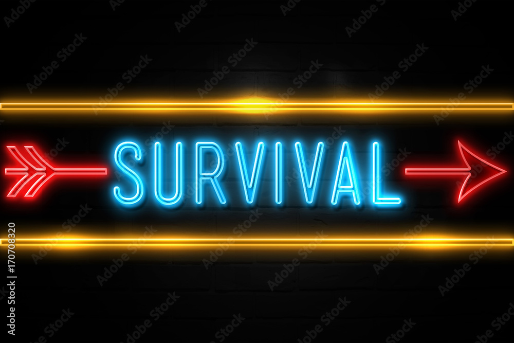 Fototapeta premium Survival - fluorescent Neon Sign on brickwall Front view