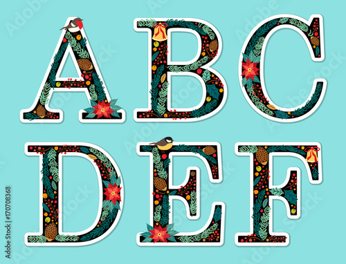 Vintage hand drawn rustic floral Christmas alphabet