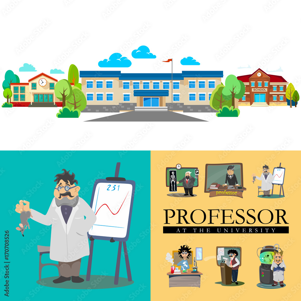 Back to school concept, Lesson in classroom at college, teacher explains to Childrens lesson near desk in front of students, school building education concept vector illustration, campus life Back to school concept, Lesson in classroom at college, teacher explains to Childrens lesson near desk in front of students, school building education concept vector illustration, campus life