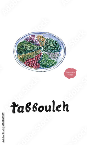 Tabbouleh salad, plate in watercolor