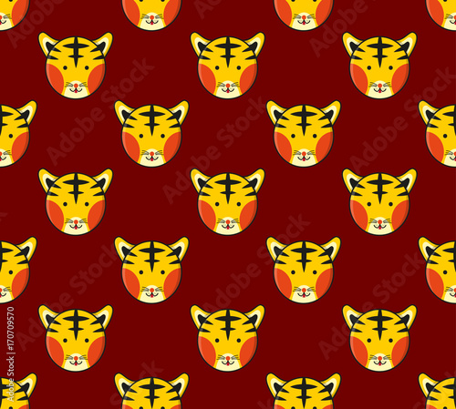 Tiger Seamless on Dark Red Background. Vector Illustration