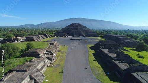 Aerial view of pyramids in ancient mesoamerican city of Teotihuacan, Pyramid of the Moon, Valley of Mexico from above, Central America, 4k UHD photo