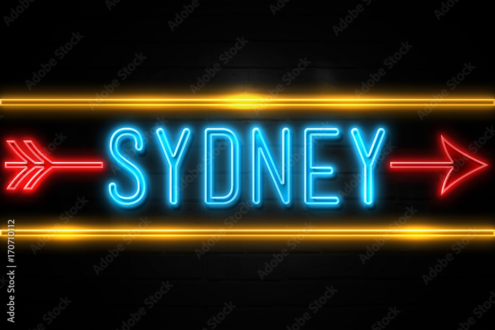 Sydney - fluorescent Neon Sign on brickwall Front view Sydney - fluorescent Neon Sign on brickwall Front view