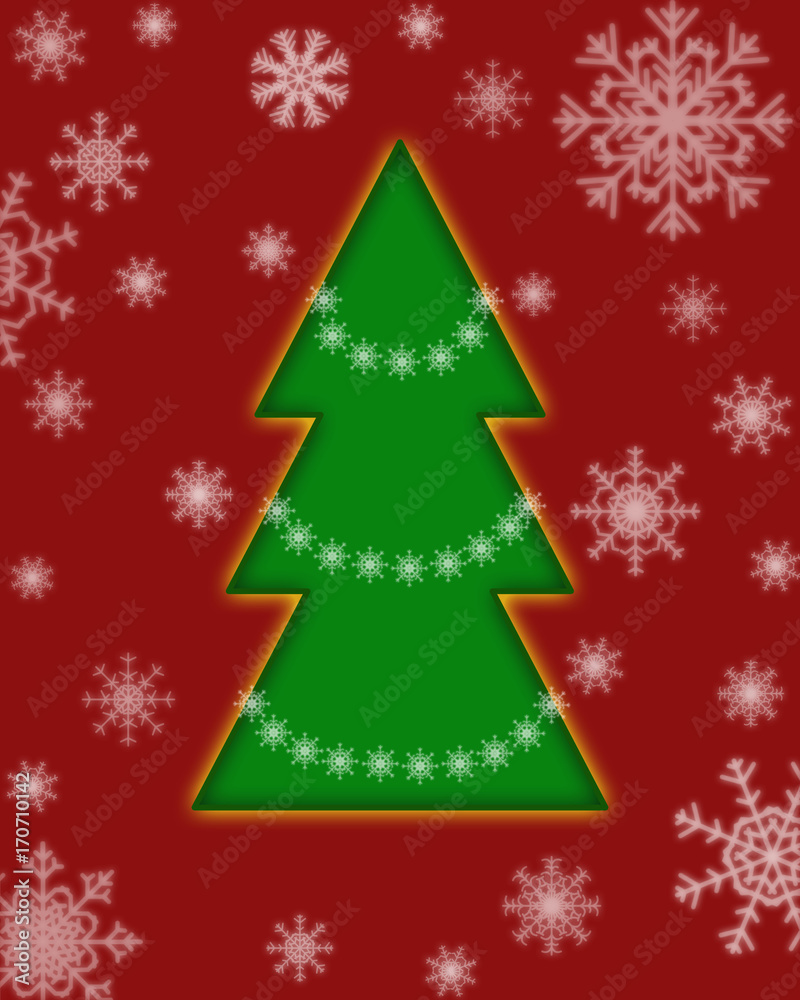 Red Christmas card with green Christmas tree and snowflakes Red Christmas card with green Christmas tree and snowflakes
