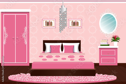 The interior of the bedroom. Beautiful bedroom in pink color. Furniture for the home. cartoon. Vector