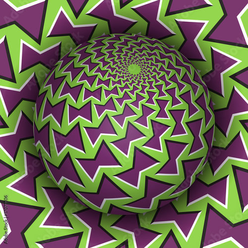 Optical illusion vector illustration. Patterned sphere soaring above the hole. Green purple patterned objects. Abstract background in a surreal style.
