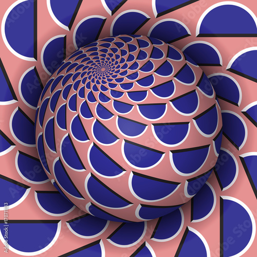 Optical illusion vector illustration. Sphere soaring above the hole. Blue pink patterned objects. Abstract background in a surreal style.