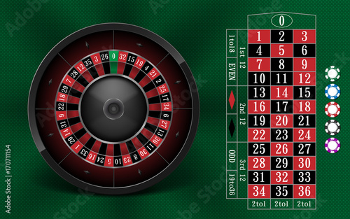 Casino Gambling background design with realistic Roulette Wheel and Casino Chips. Roulette table isolated on green background. Vector illustration.