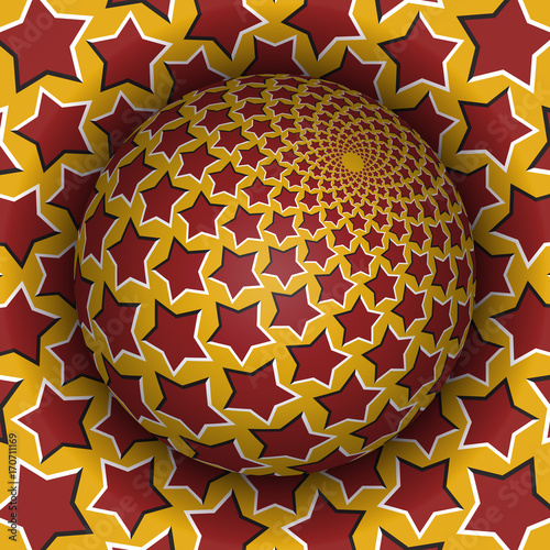 Optical illusion vector illustration. Starry sphere soaring above the hole. Red yellow patterned objects. Abstract background in a surreal style.
