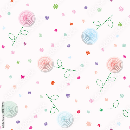 Romantic girly seamless pattern background. Embroidery roses and polka dots in pastel colors.
