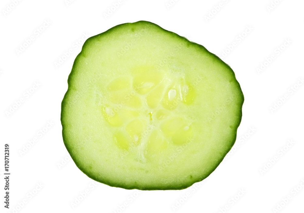 Slice of cucumber isolated on a white background, top view Slice of cucumber isolated on a white background, top view