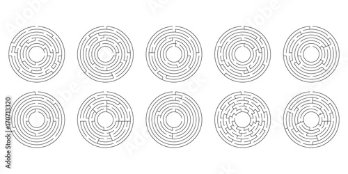 vector illustration of a set of ten circular mazes for kids on a