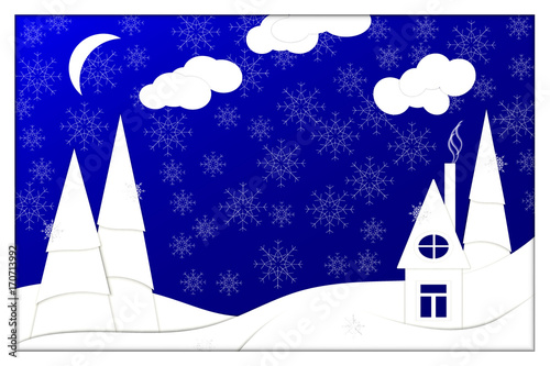 Happy new year, 2018, Merry Christmas vector illustration. Winter snow forest and house on the forest edge. Paper art style.