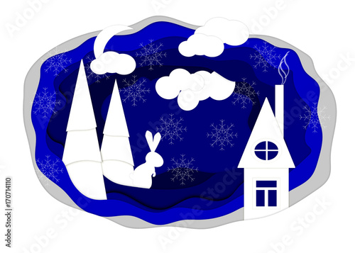 Happy new year, 2018, Merry Christmas vector illustration. Winter snow forest and house on the forest edge. Paper art style.
