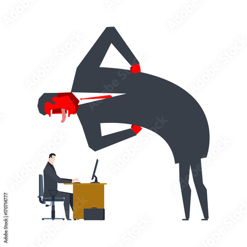 Angry Boss is scolding manager. Office life. Businessman screaming at subordinate. Desktop at computer. Punishment at work. Vector illustration