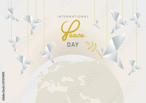Concept for the International Day of Peace. Vector illustration of a garland of white origami pigeons with an olive branch on the background of the Earth.