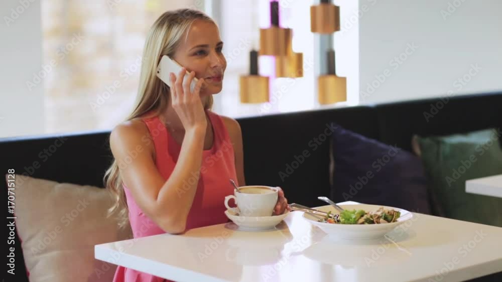 woman with coffee calling smartphone at restaurant woman with coffee calling smartphone at restaurant