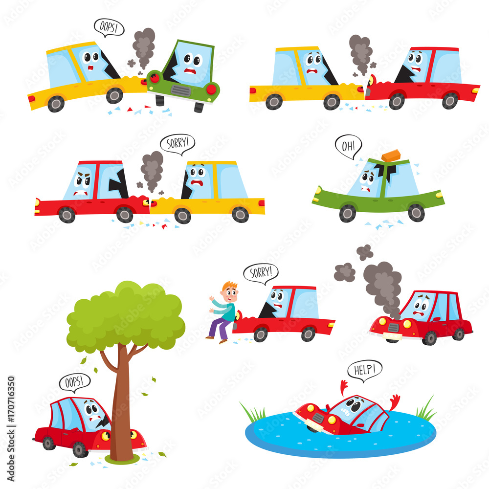 Funny car characters accident, crash, collision, fender bender
