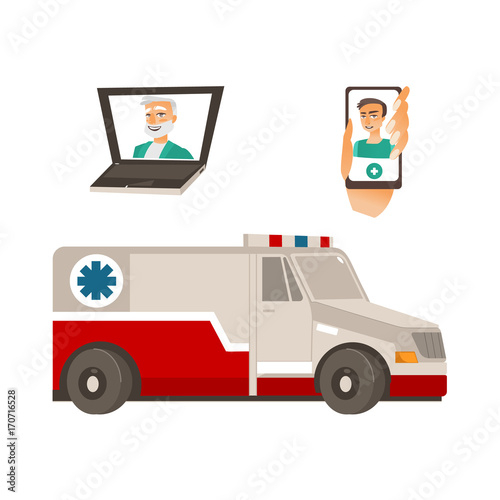 vector flat cartoon young male doctor, physician in green medical clothing avatar on smartphone screen being held by woman hand. Isolated illustration on a white background.