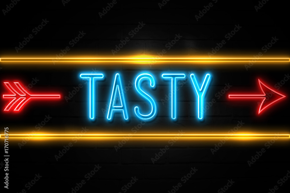 Obraz premium Tasty - fluorescent Neon Sign on brickwall Front view
