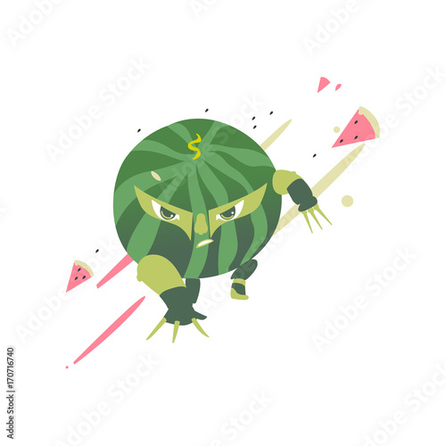 Funny watermelon fruit hero, superhero character, guard, defendor, flat style cartoon vector illustrations isolated on white background. Watermelon fruit hero, superhero character in mask and cape