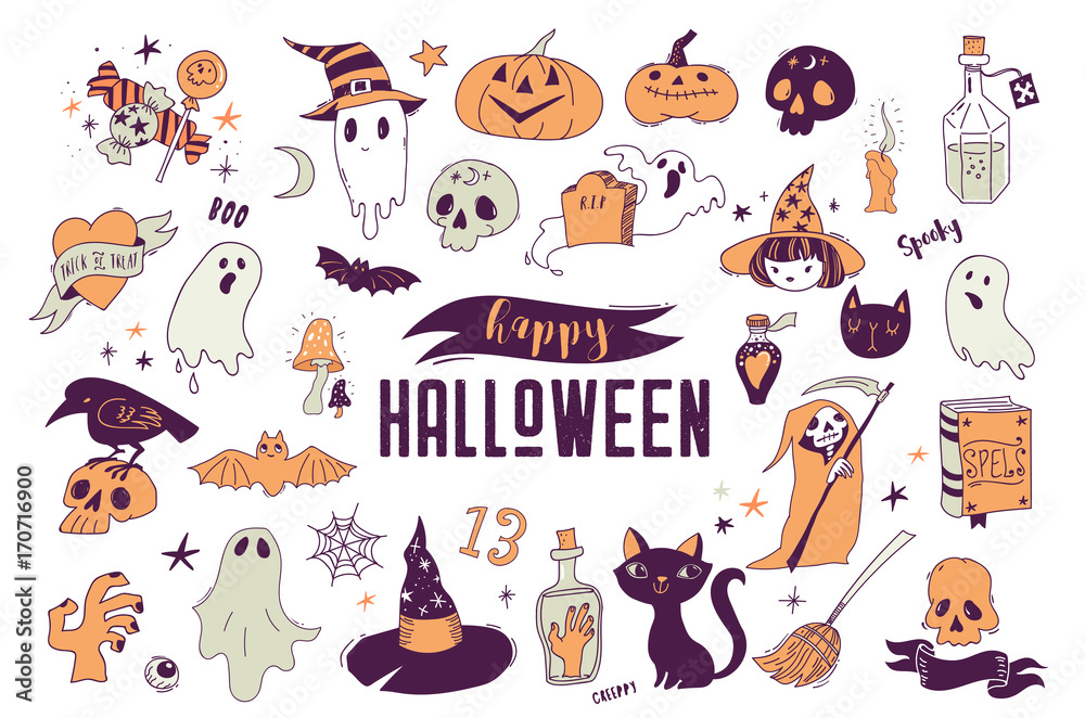 Halloween party, hand drawn modern cards, illustrations set