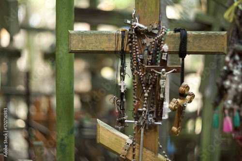 Grabarka, Poland - August 12, 2017: Orthodox crosses brought by pilgrims to the Holy Mount of Grabarka. Podlaskie Voivodeship. Polish Orthodox pilgrimage center.