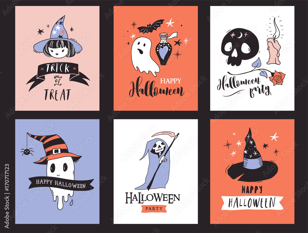 Halloween party, hand drawn modern cards, illustrations set