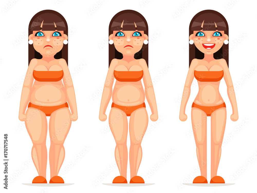 Fat thin female character different stages health diet cartoon design  vector illustration Stock Vector | Adobe Stock