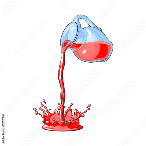 vector red fresh juice carafe, pitcher with flowing juice splash. Isolated cartoon illustration on a white backround. Kitchen glassware utensil