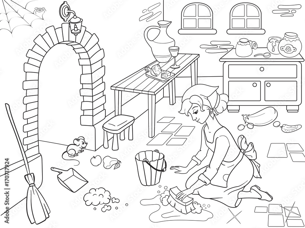 Cinderella cleans up the kitchen. The girl on the floor, around the mess. Cartoon coloring book.