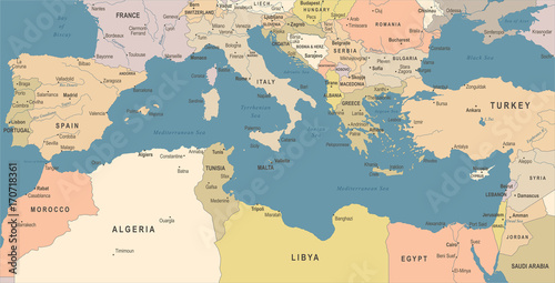 Mediterranean sea Map - Vintage Vector Illustration photo