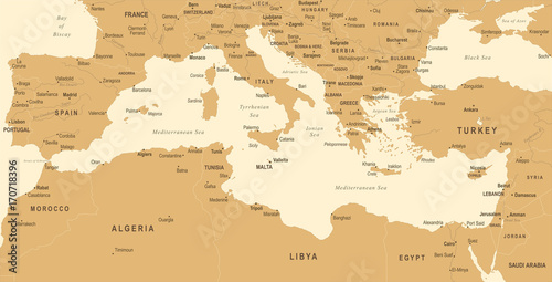 Mediterranean sea Map - Vintage Vector Illustration