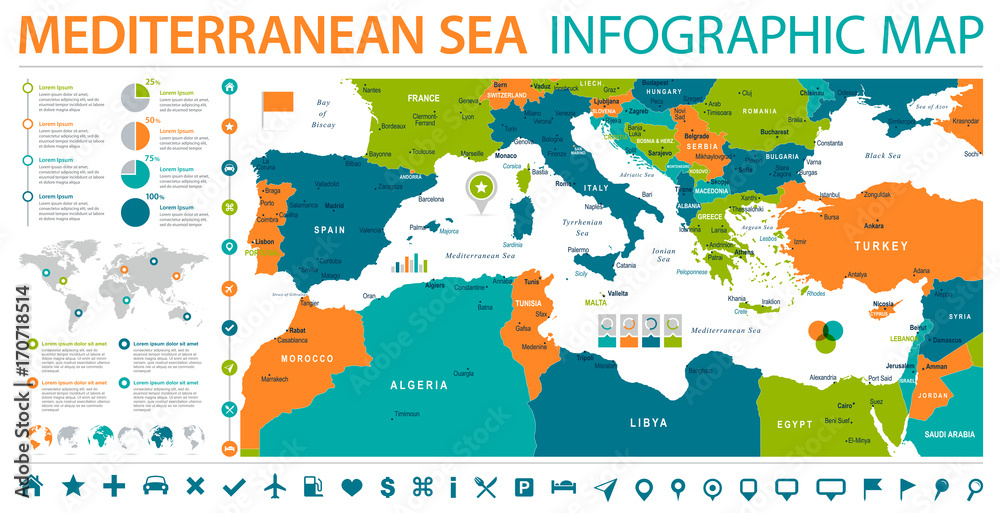 Mediterranean sea Map - Info Graphic Vector Illustration