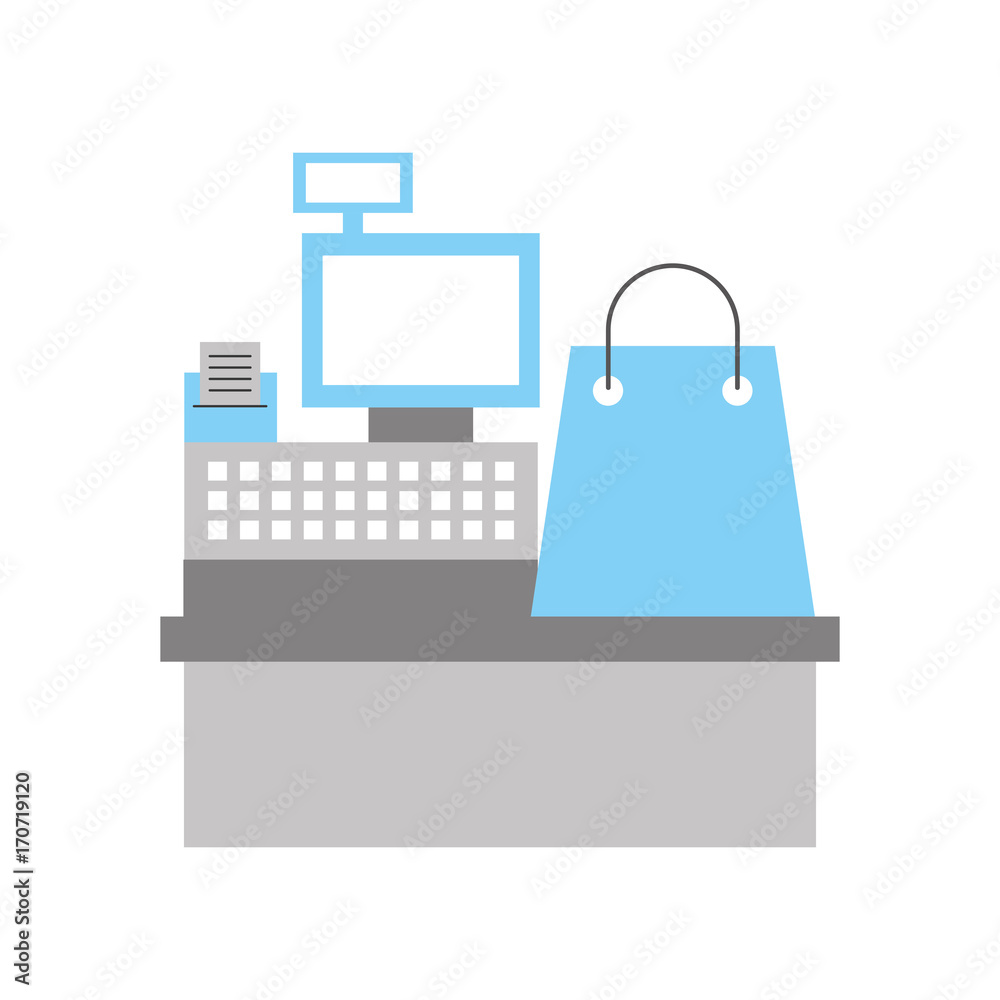cash register machine receipts printer and gift bag shopping vector illustration cash register machine receipts printer and gift bag shopping vector illustration