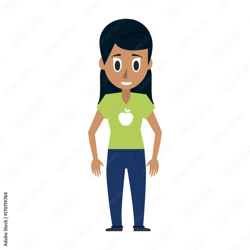 young woman with tan skin wearing green t shirt with apple print icon image vector illustration design 