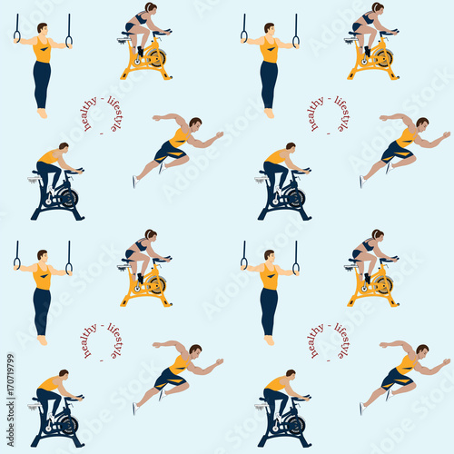Pattern training athletic - sprinter, gymnast, exercise bike, - on a light background - art creative illustration vector.