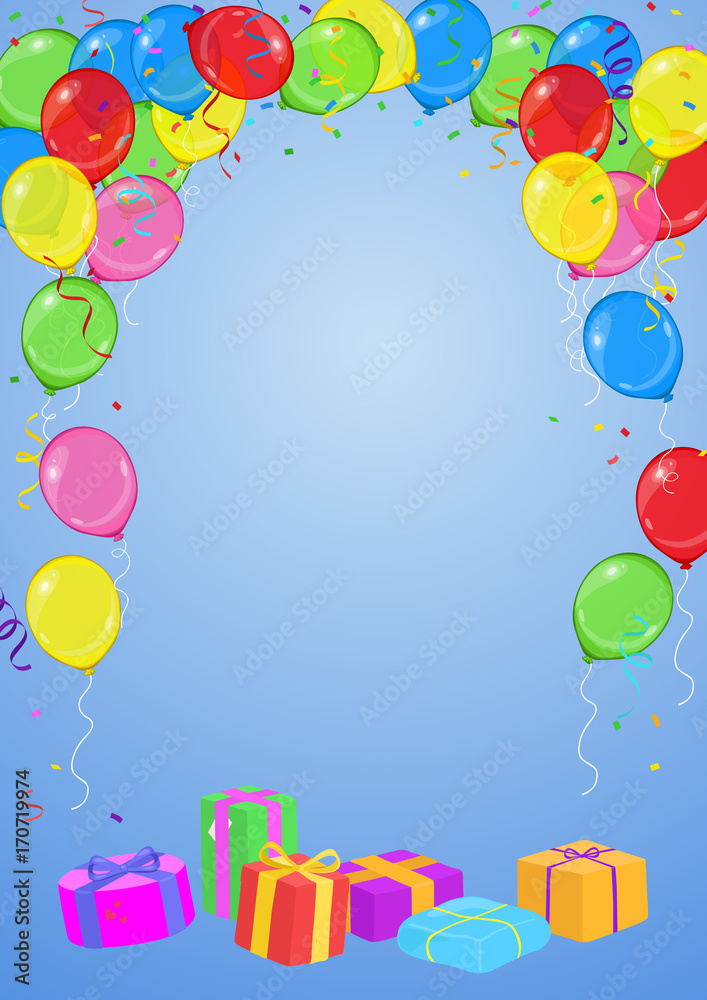 Vector birthday or party invitation card with balloons, streamers, confetti  and presents on blue background with space for your text Stock Vector |  Adobe Stock