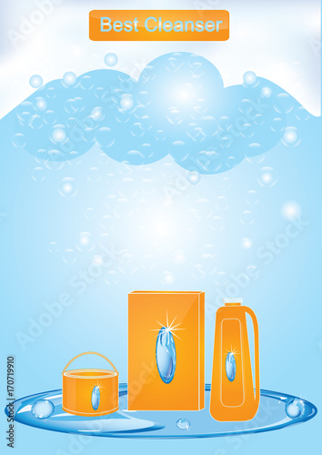 Banner - Cleaning products - set of detergents - blue background soap foam - art creative modern vector illustration