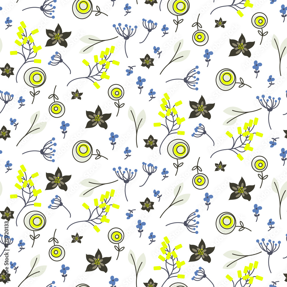Small flowers and branches seamless vector pattern. Bright yellow and blue colors repeat nature background for print.