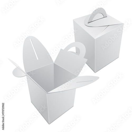 Set of Blank Kraft Paper Gift box mockup. White Container with handle. Vector Gift Box template, Cardboard Package