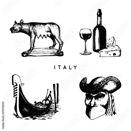 Italian set of sketches. Hand drawn illustrations of Italy travel symbols. Vector touristic signs of vacations.